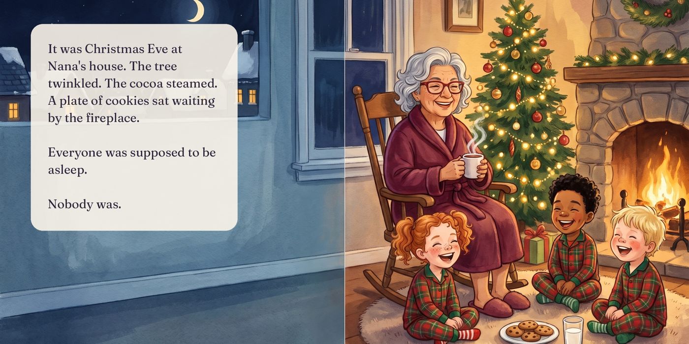 Sample spread: the grandmother in a rocking chair with three grandchildren in pajamas by the Christmas tree